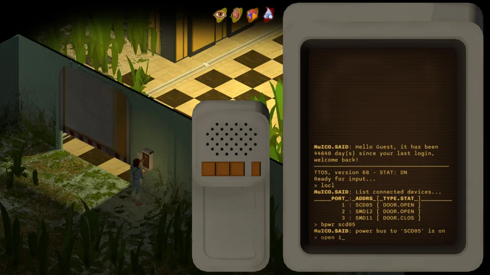 A survivor uses a wall terminal beside a ship corridor; a retro computer interface shows connected devices