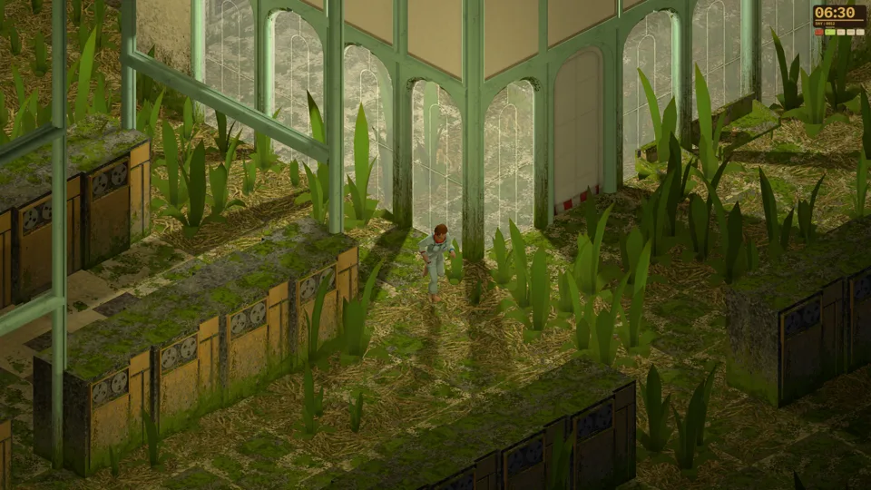 A clothed survivor follows a narrow passage through tall growth and ruined ship structures